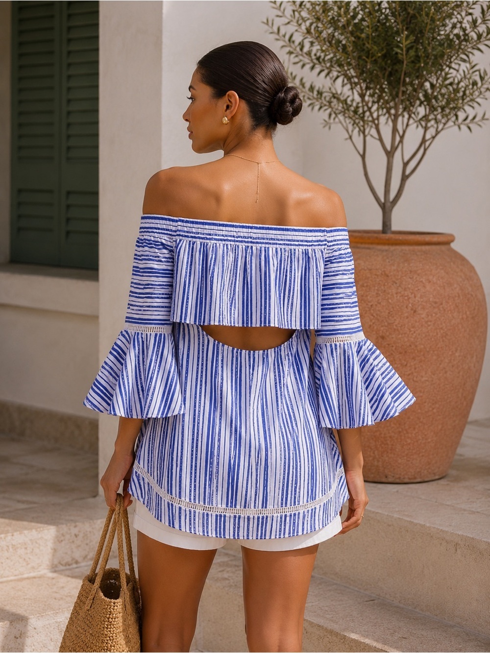 🌿N/Nicholas Open Back Off Shoulder Stripe Cotton Blouse Blue White Size 0